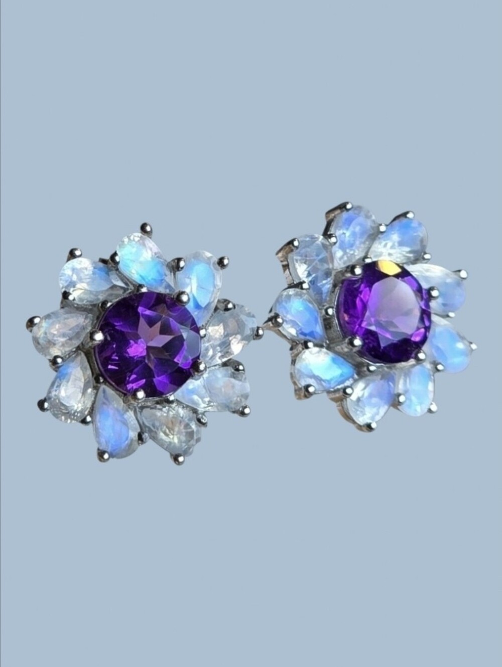 925 Sterling Silver Flower Earrings With Natural Amethyst 7mm & Moonstone Gems